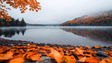Tranquil Autumn Landscape with Foggy Lake, Vibrant Orange Leaves, and Misty Trees Surrounding a Calm Water Surface in the Fall Seasonの素材