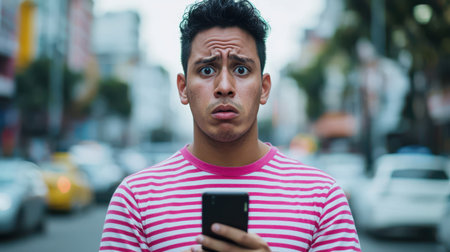Shocked young man in pink striped shirt looking at smartphone with surprised expression on street filled with traffic and urban environmentの素材