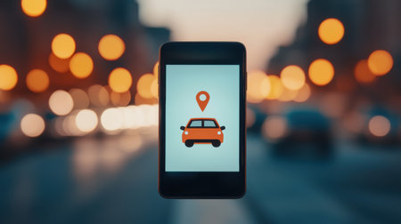 Smartphone with Car Location App Symbol Over City Street Background with Blurred Lights and Cars at Dusk Or Night for Navigation and Travel Conceptの素材