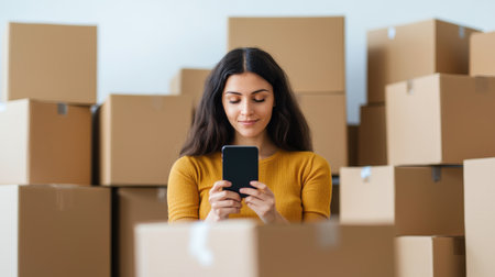 Young woman uses smartphone among cardboard boxes in a modern interior, representing organization, moving, or home delivery concepts, with a focus on technology.の素材