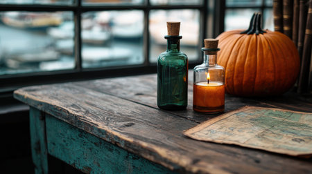 Cozy autumn still life with vintage glass bottles, candle, pumpkin, and rustic wooden table near a window with a view of boats in the backgroundの素材