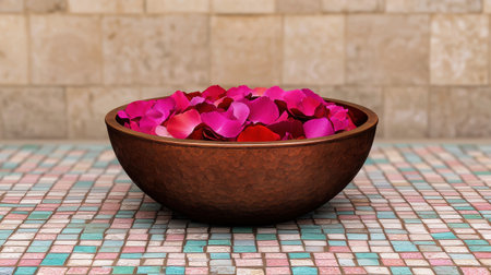 Elegant Bowl of Vibrant Rose Petals on Decorative Mosaic Surface, Perfect for Spa, Wellness, and Relaxation Themes in Photography and Design Projectsの素材