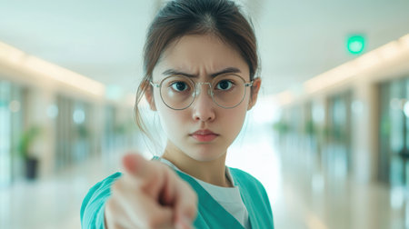 Young healthcare professional in scrubs pointing with serious expression, conveying urgency and determination in bright hospital corridor settingの素材