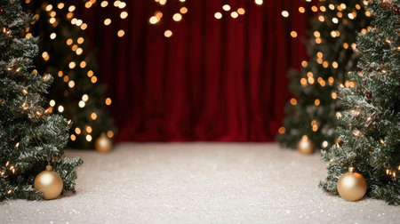 Festive Christmas Scene with Twinkling Lights and Golden Ornaments in a Cozy Settingの素材