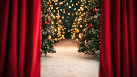 Enchanting Holiday Scene with Christmas Trees Framed by Rich Red Curtains and Sparkling Lights Creating a Cozy Winter Atmosphereの素材