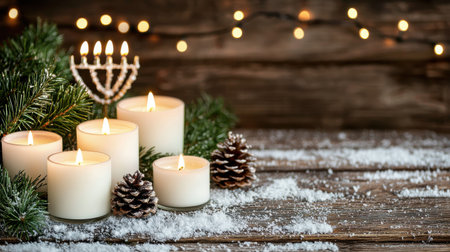 Warm and Inviting Holiday Scene with Candles, Pine Cones, Evergreen Branches, and Soft Glowing Lights on a Rustic Wooden Tableの素材