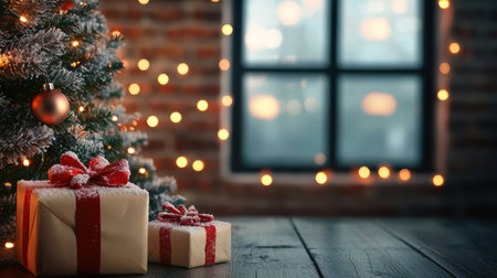 Cozy Christmas Scene with Gifts Under a Tree and Twinkling Lights in a Rustic Setting Perfect for Holiday Celebrations and Festive Atmosphereの素材
