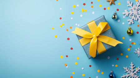 Glimmering blue gift box with yellow ribbon surrounded by festive decorations including snowflakes, colorful confetti, and shiny ornaments on blue backgroundの素材