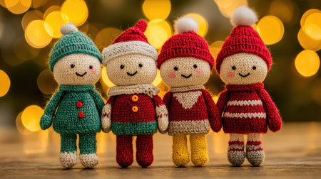Charming Handcrafted Holiday Dolls Cheerfully Dressed in Festive Knit Attire with Christmas Background Bokeh Lights for Cozy Seasonal Decorの素材