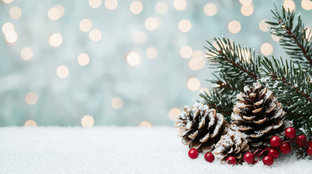 Snow-dusted Pine Cones and Holly Berries with Soft Bokeh Background for a Cozy Winter Holiday Atmosphereの素材