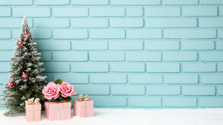 Festive Christmas Scene with a Small Tree, Pink Gifts, and Beautiful Flowers against a Blue Brick Wall Perfect for Holiday Themes and Decorの素材