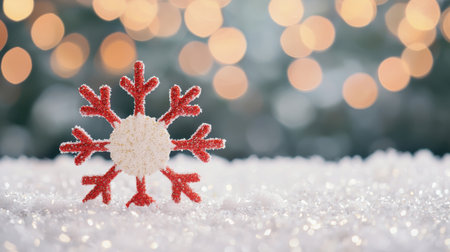 Glittering Red Snowflake on Sparkling Snow Surface with Soft Bokeh Background, Perfect for Holiday and Winter Themesの素材