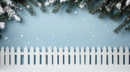Winter Scene with Snowy White Picket Fence and Evergreen Branches in a Beautifully Frosted Setting Under a Soft Blue Skyの素材