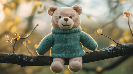 Adorable crocheted teddy bear wearing a green sweater, perched on a rustic tree branch amid soft golden light and a serene autumn backgroundの素材