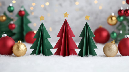 Papercraft Christmas Trees with Colorful Ornaments and Soft Snow Background, Perfect for Holiday Season Decorations and Festive Celebrationsの素材