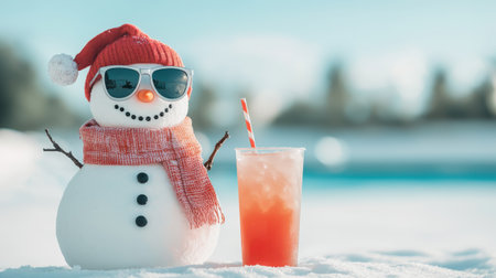 Snowman wearing sunglasses and red hat with scarf next to iced drink in winter landscape with bright blue sky and snow-covered groundの素材