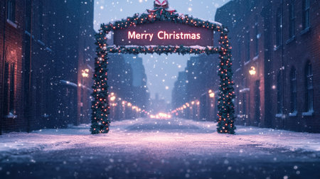 Serene Winter Scene of a Christmas Archway Decorated with Snowflakes and Lights in a Quiet Urban Street During the Festive Holiday Seasonの素材