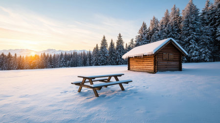 Cozy log cabin in snowy landscape under bright winter sunrise, surrounded by tall pine trees and serene mountains in the background, peaceful nature sceneの素材
