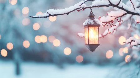 Warm glow of a lantern hanging from a snow-covered branch in a winter landscape with blurred festive lights in the background during a serene eveningの素材