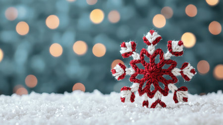 Elegant Handcrafted Snowflake Decoration on Glittery Snow Surface with Colorful Bokeh Lights for Winter and Holiday Celebrationsの素材