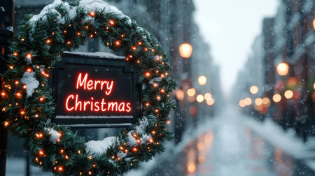 Enchanting Winter Scene with Merry Christmas Sign in a Snowy Urban Setting Surrounded by Holiday Lights and Decorations on a Quiet Streetの素材