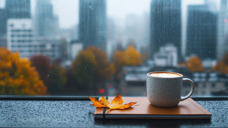 Cozy Autumn Scene with Cup of Coffee, Notebook, and Vibrant City View Through Rainy Window on a Cloudy Dayの素材