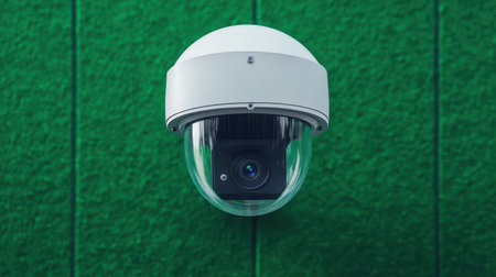 Modern Outdoor Security Camera Mounted on Green Textured Wall Offering Surveillance for Enhanced Safety and Protection in Residential and Commercial Spacesの素材