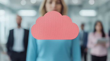 Woman in office setting with digital cloud overlay, representing technology, innovation, and business connectivity in a modern environmentの素材