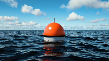 Bright Orange Buoy Floating on Calm Ocean Waters Under a Beautiful Clear Sky with White Cloudsの素材