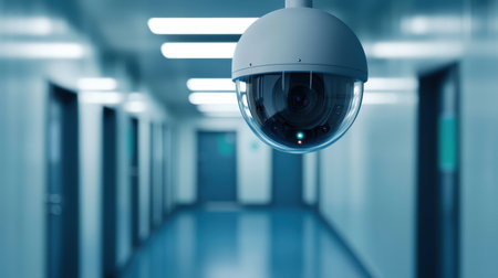 Security Camera Monitoring Hospital Corridor with Soft Blue Lighting and Modern Design for Safety and Surveillance Purposesの素材