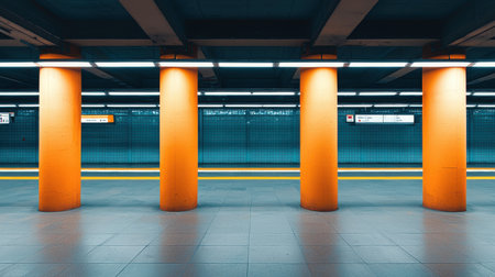 Urban subway station interior with vibrant orange columns and modern lighting showcasing empty platform and blue tiled wall designの素材