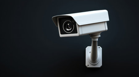Modern Security Camera on Dark Background for Surveillance, Monitoring, Protection, and Safety in Urban Environments and Private Spacesの素材