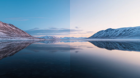 Serene Morning Reflection on Calm Water Surrounded by Majestic Snow-Capped Mountains Under Clear Blue Sky and Soft Sunrise Lightの素材
