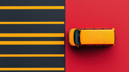 Bright yellow van on vibrant red backdrop near bold black and yellow crosswalk lines creating a striking urban visual contrastの素材