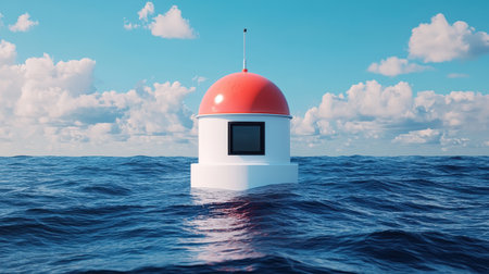 Vibrant Red Dome Structure in Azure Ocean with Fluffy Clouds Under Bright Blue Sky Captured in a Serene Coastal Environmentの素材