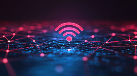 Vibrant Digital Connectivity: Wireless Signal Icon in a Futuristic Network with Glowing Nodes and Geometric Patternsの素材