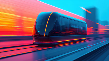Futuristic electric train in motion with vibrant neon colors and dynamic light trails showcasing advanced transportation technology in a modern cityscapeの素材