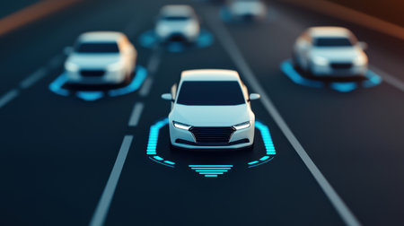 Futuristic Autonomous Cars on Smart Highway with Digital Sensors Indicating Advanced Technology and Safe Navigation in Motionの素材