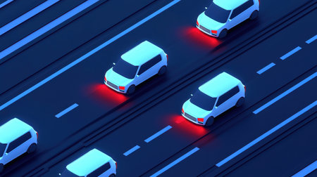 Futuristic Traffic Scene with White Cars featuring Bright Red Tail Lights on Dark Highway with Digital Aesthetic and Neon Glow Effectsの素材