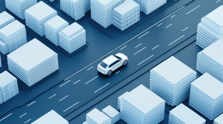 Aerial View of a Minimalistic Cityscape with a White Car Driving on a Road Surrounded by Geometric Buildings and Structures in Shades of Blueの素材