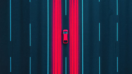 Aerial View of a Bright Red Car Driving on a Dark Highway Surrounded by Vibrant Neon Lights at Night with Speedy Motion Blur Effectsの素材