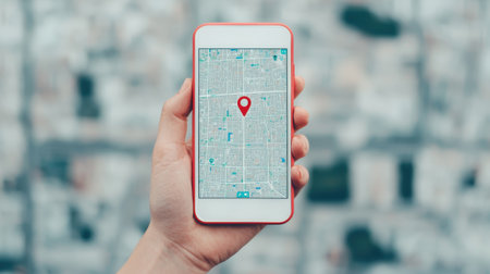Hand holding smartphone displaying map with location pin, mobile navigation concept, urban planning, technology and travel, connectivity in modern lifeの素材