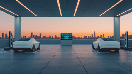 Futuristic Electric Cars Charging at Sunset in Urban Rooftop Parking with City Skyline and Modern Architecture in Backgroundの素材