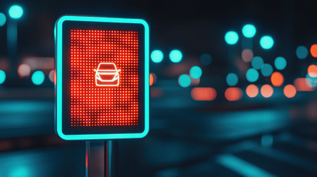 Illuminated traffic signal with car icon at night, showcasing modern urban environment and technology in vibrant colors and contrasting lightsの素材