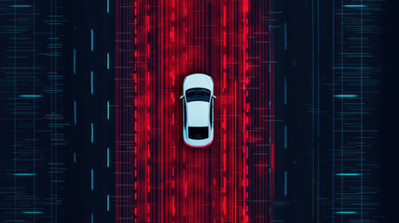 Aerial View of a White Car Driving on a Busy Highway at Night with Red and Blue Light Trails from Traffic Belowの素材