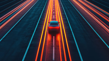 Dynamic Night Scene with Long Exposure of a Car on a Multi-Lane Highway Creating Stunning Light Trails in a Urban Environmentの素材