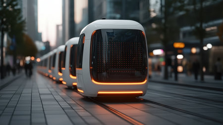 Futuristic Urban Transport System with Sleek Design and Illuminated Features in a Modern Cityscape at Duskの素材