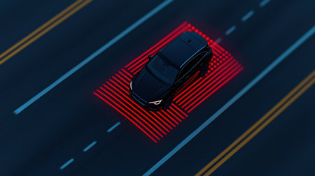 Modern vehicle technology showcasing advanced lane detection system with contrasting red markings on the road for clear visibility and safety in drivingの素材
