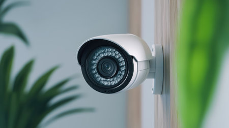 Modern Security Camera with Night Vision Technology Mounted on Wall in a Bright, Green Indoor Setting for Home and Business Surveillance Needsの素材