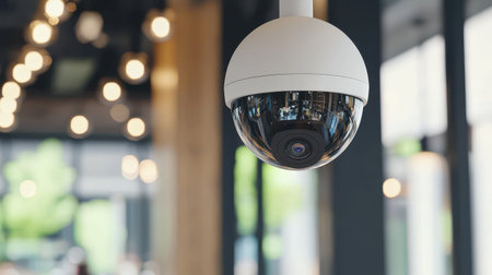 Modern surveillance camera hanging from ceiling in contemporary cafe with blurred lights and green trees visible through large windowsの素材